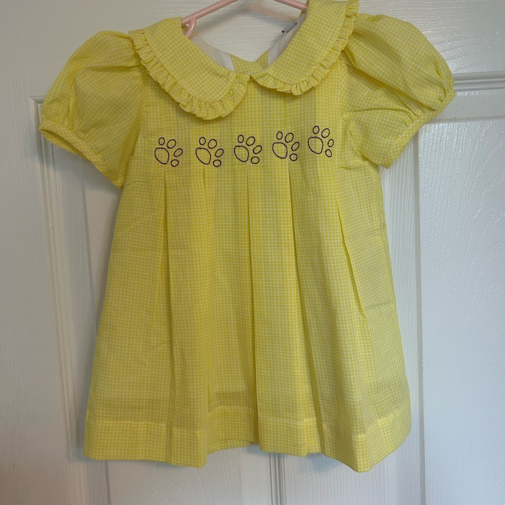 Yellow Peter Pan Collared Gingham Baby Dress with Paw Print Design (LSU)